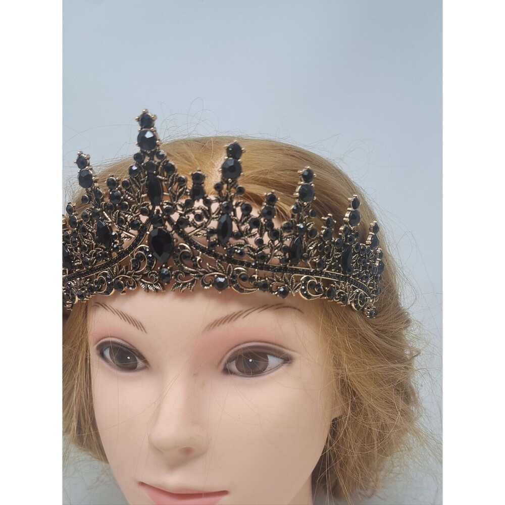 Vintage Women's Crown Costume Jewelry Rhinestone Metal Victorian Royal Black - Picture 6 of 13